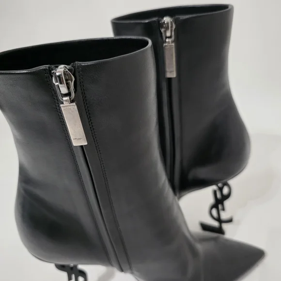Saint Laurent Opyum Black Calfskin Ankle Boots Gold Heel Women’s Size 40 - Picture 5 of 14